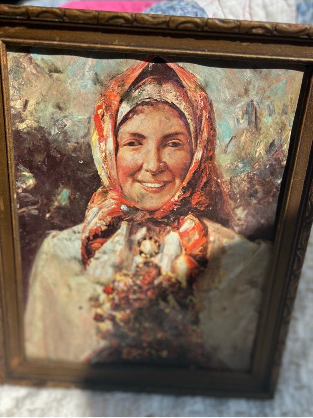 Vintage Hand-Painted Portrait Art Print with Red Accents